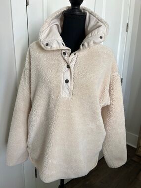 Chaps Cream Sherpa Snap V-Neck Pullover Hoodie